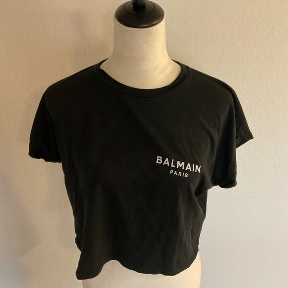 Cropped eco-designed cotton T-shirt with small flocked Balmain logo - Picture 2 of 5